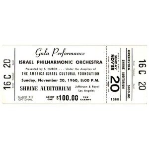 Vintage 1960 Israel Philharmonic Orchestra Concert Ticket Stub Los Angeles CA